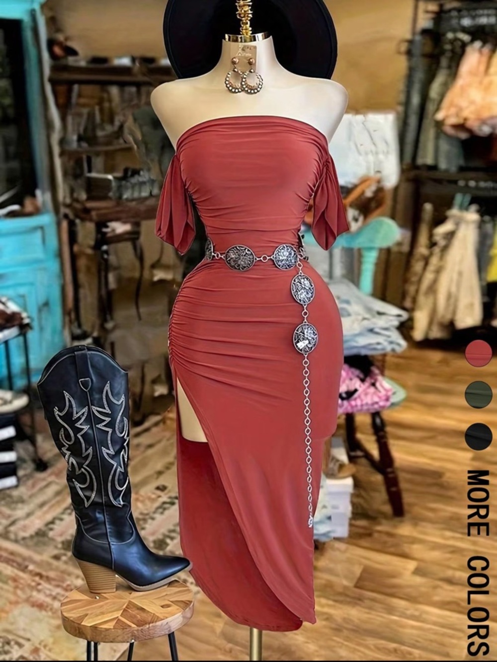 Off-Shoulder Rust Bodycon Dress with Side Slit
